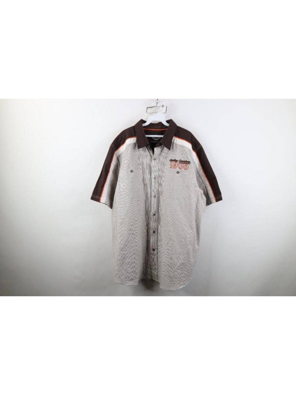 Vintage Harley Davidson Mens 2XL Spell Out Mechanic Striped Button Shirt Brown